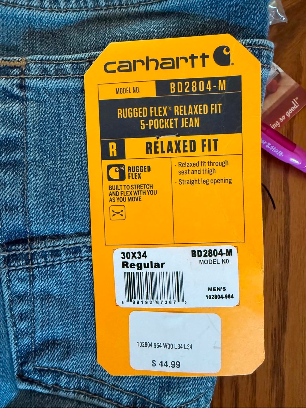 Carhartt Blue Denim Relaxed Fit 5-Pocket Jeans Tag Visible